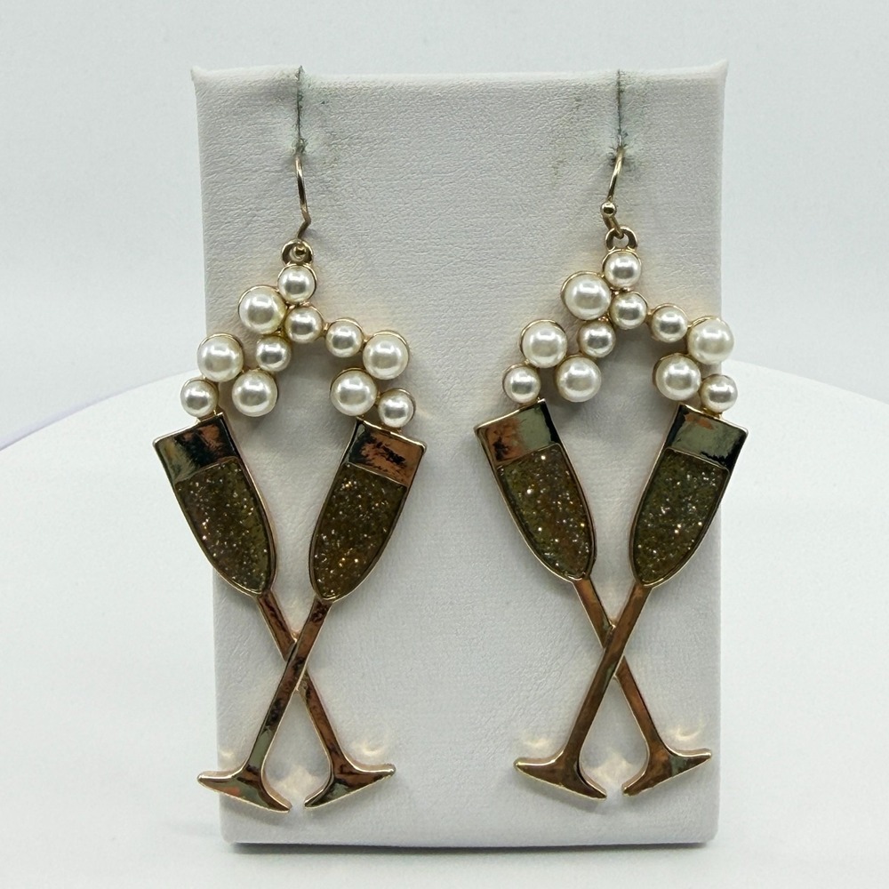 Champagne Toast Earrings Gold Tone Faux Pearl Boho Statement Party Celebration